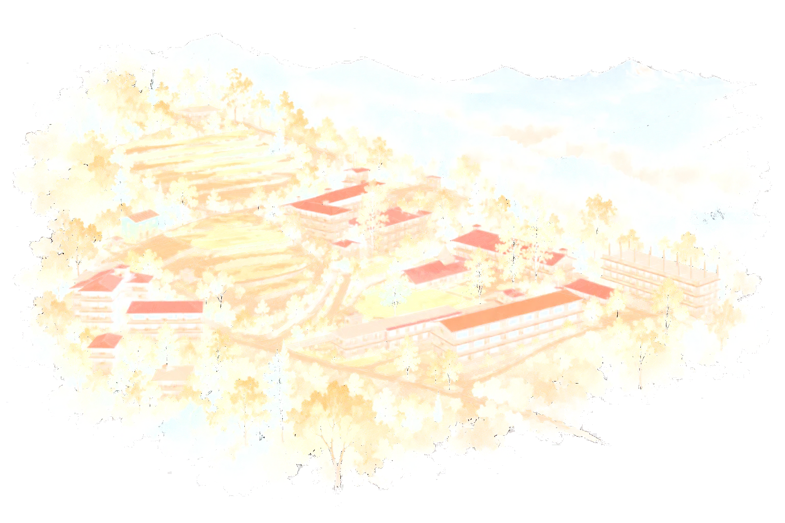 Watercolour view of the ashram on its hillside: red-roofed halls and residences among pine trees and terraced fields, with mountains beyond