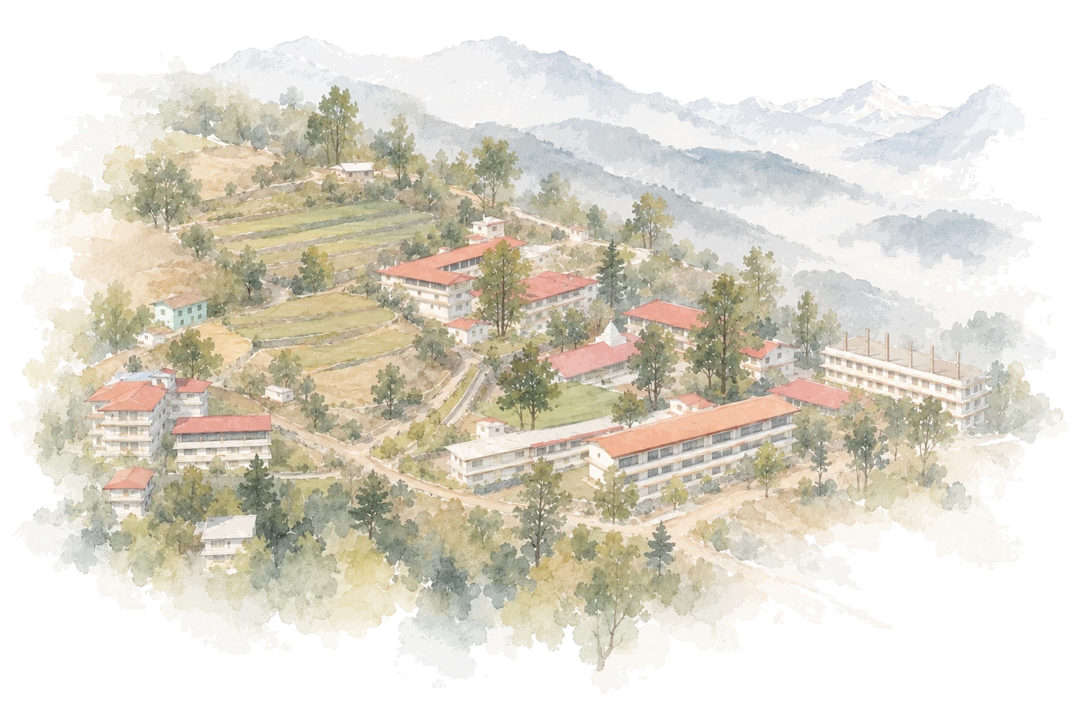 Watercolour view of the ashram on its hillside: red-roofed halls and residences among pine trees and terraced fields, with mountains beyond