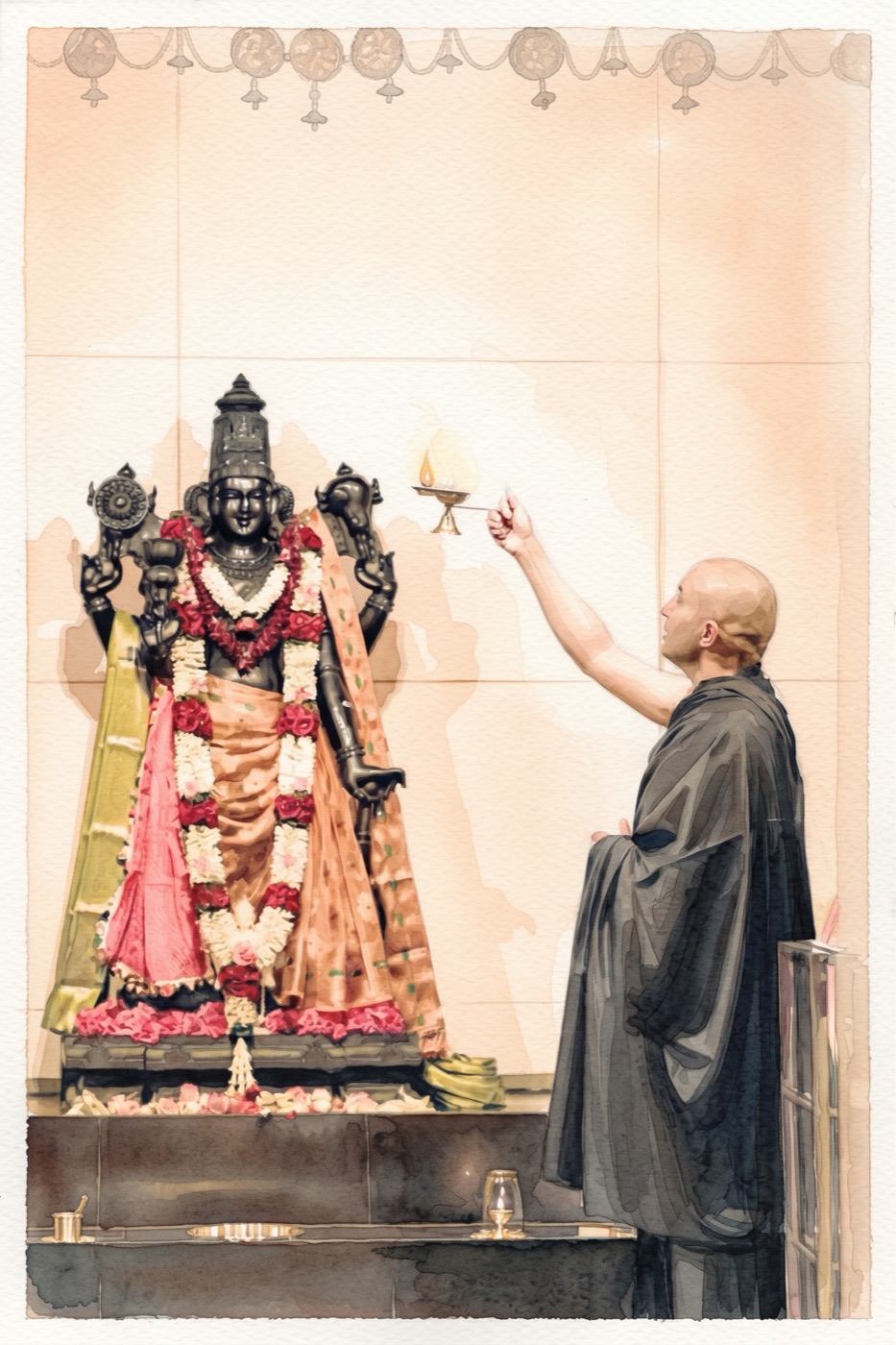 Om Swami offering the Aarti lamp to Sri Hari