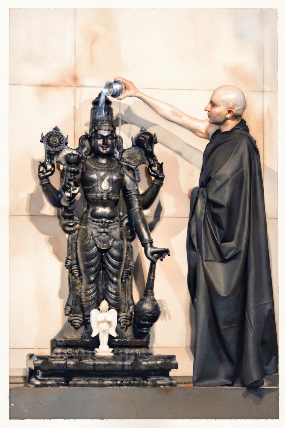 Om Swami pouring sanctified water over the idol of Sri Hari