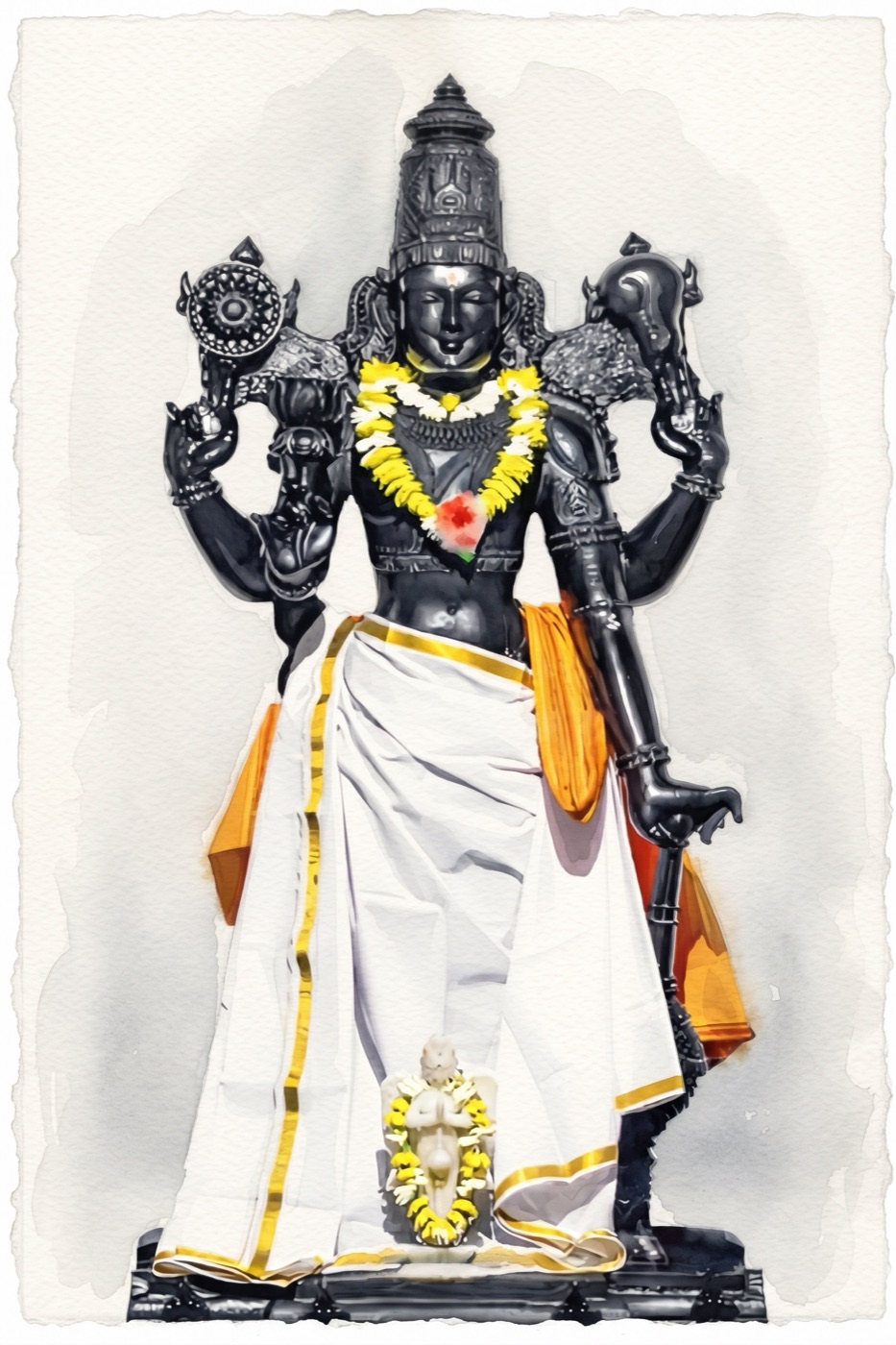 The idol of Sri Hari adorned with a marigold garland and white dhoti